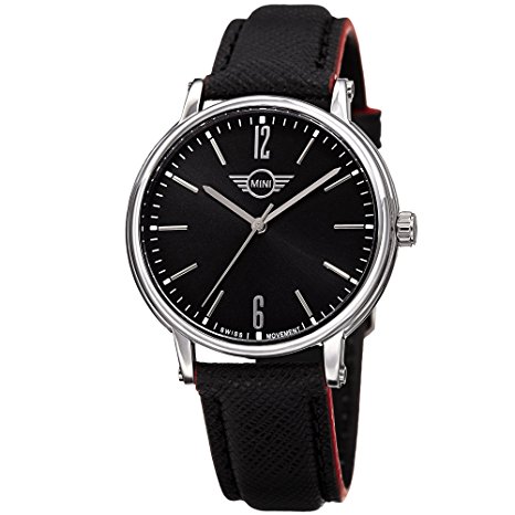 MINI reloj para hombre 160608 de cuarzo suizo con correa de cuero genuino negro