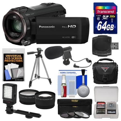 Panasonic Videocámara HD HC-V770 con captura de video doble para teléfono inteligente inalámbrico + 64 GB 94 MB/s UHS-1/U3