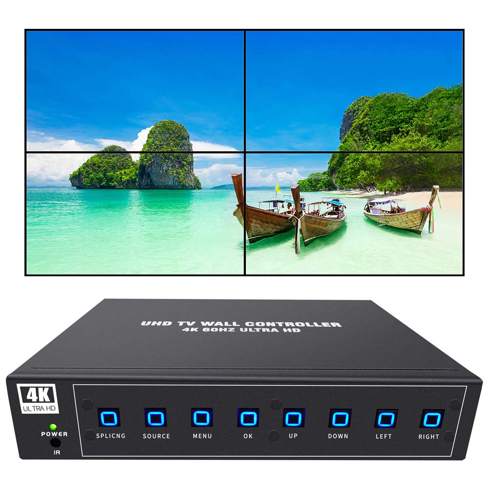  iseevy Controlador de pared de video 4K60 UHD 2x2 1x2 2x1 1x3 3x1 1x4 4x1 Controlador de pared de TV para 4 pantallas de empalme de TV Soporte 3840x2160 @ 60Hz Entradas y rotación de 90 grados para...