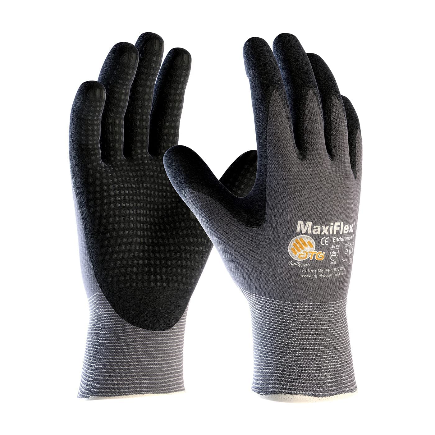 ATG Paquete de 3 guantes de trabajo MaxiFlex Endurance 34-844 de nailon tejido sin costuras con empuñadura recubierta de nitrilo en la palma y los dedos