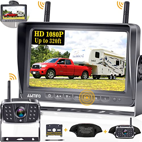  AMTIFO Cámara de respaldo para caravana inalámbrica HD 1080P 7'' Pantalla dividida DVR Monitor Bluetooth Remolque Cámara de visión trasera Sistema de 4 canales Camión Camper Adaptador de visión...