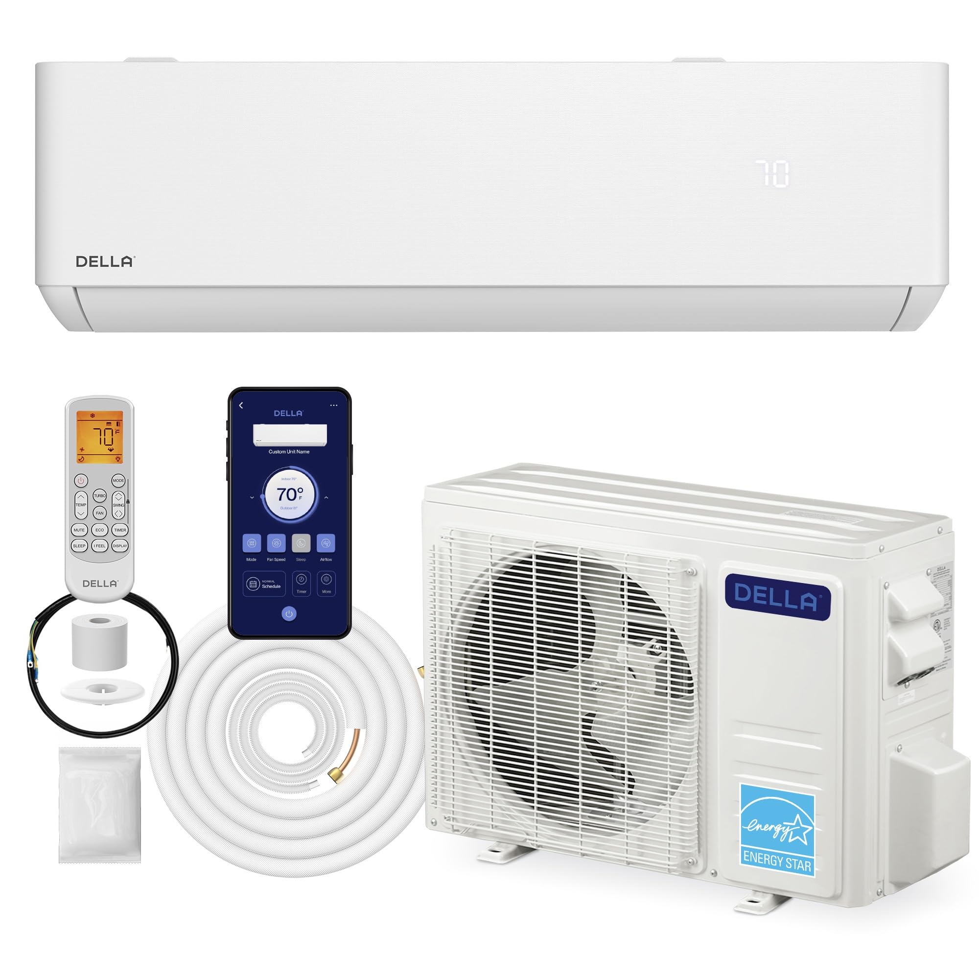 DELLA Optima Series Wifi Mini Split AC Inverter Air Conditioner with Pre-Charged Heat Pump & 16.4ft Installation Kits, Work with Alexa,Energy Star