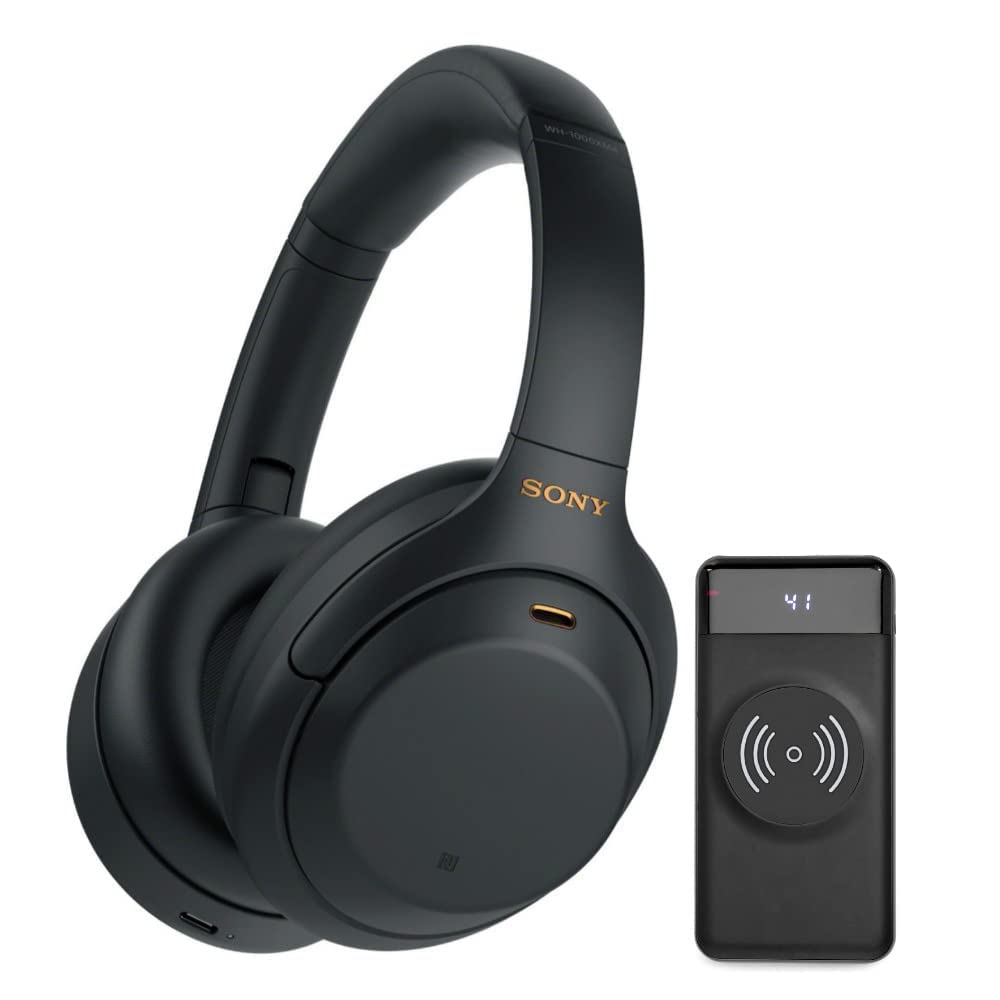  Sony WH-1000XM4 Auriculares supraaurales inalámbricos Bluetooth con cancelación de ruido (negro) Paquete con pantalla LED ultraportátil de 10000 mAh Banco de batería inalámbrico de carga rápida...