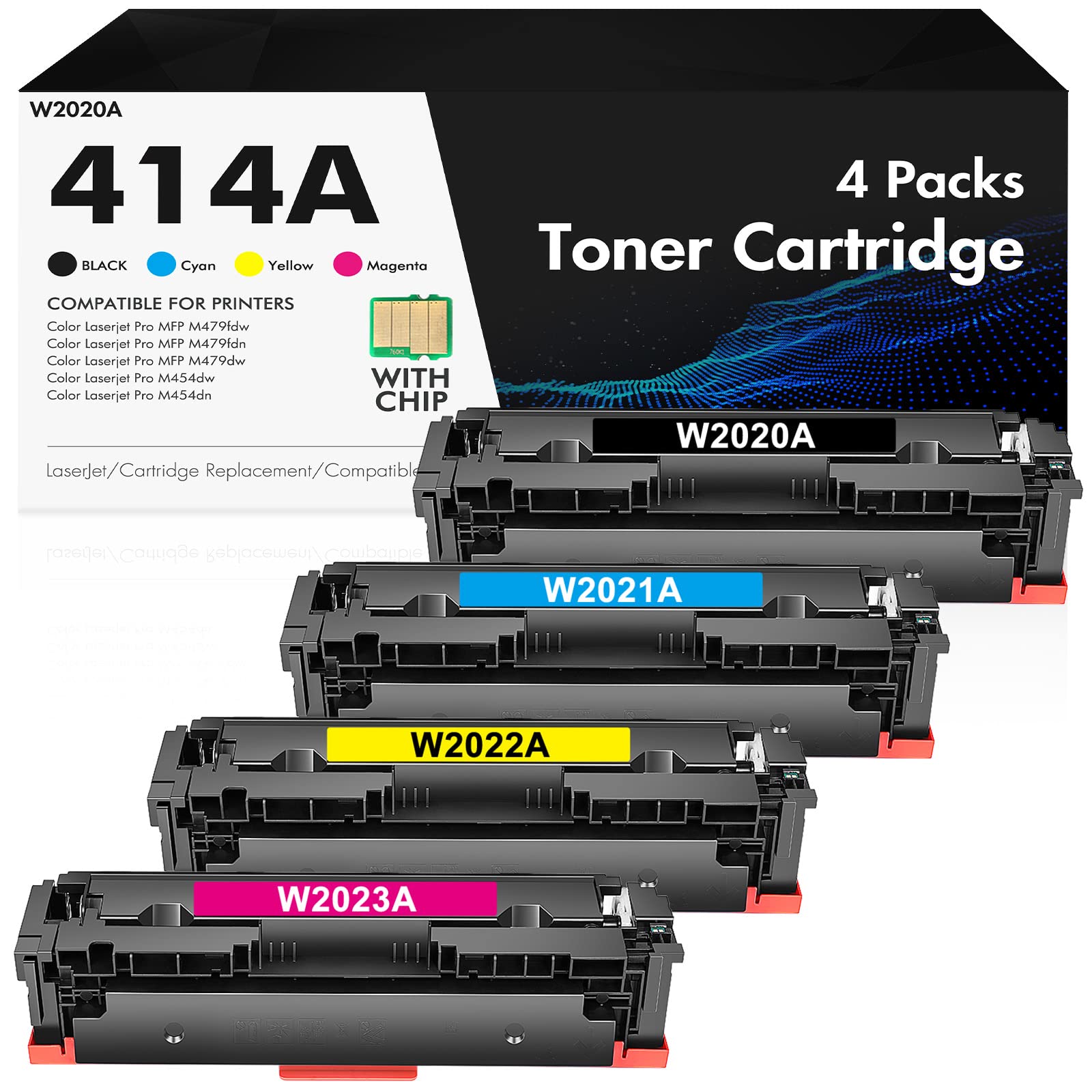  INFITONER Paquete de 4 cartuchos de tóner 414A (con chip) de repuesto compatibles para HP 414A 414X W2020A para HP Color Pro MFP M479fdw M479fdn M454dw M454dn tinta de impresora (negro cian magenta...