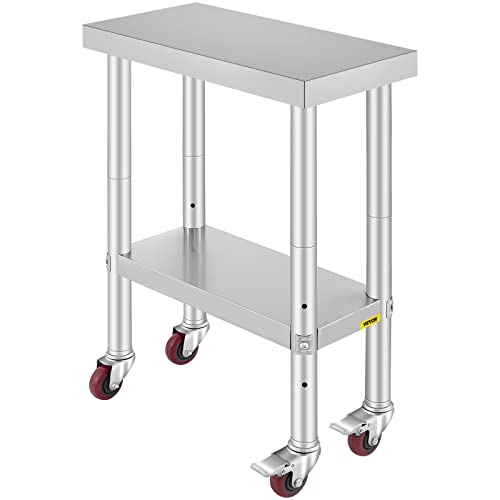  Mophorn Mesa de trabajo de acero inoxidable Estante ajustable de 3 etapas con 4 ruedas Mesa de trabajo de preparación de alimentos comercial resistente con freno para trabajo de preparación de cocina...